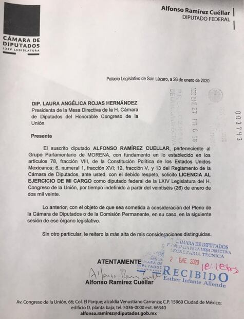 Presenta Alfonso Ramírez Cuéllar solicitud de licencia como diputado