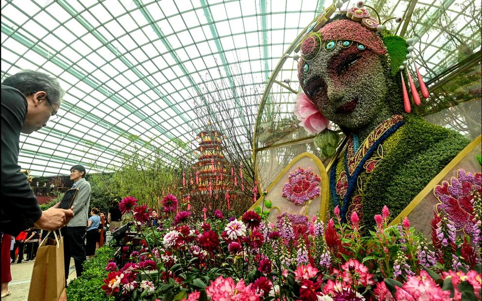 Un visitante toma fotografías de una imponente escultura de la exhibición floral Madam White Snake con el tema del Año Nuevo Chino en Singapur. Foto: AFP