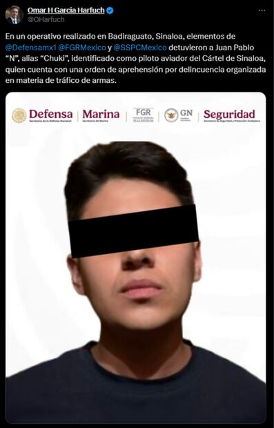 Detienen a "Chuki",  piloto aviador del Cártel de Sinaloa. Foto: Captura de pantalla de la cuenta de X de @OHarfuch.