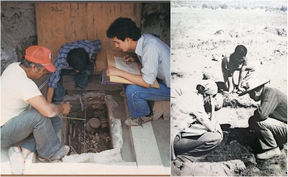 A la izquierda, excavación de la ofrenda H en el Templo Mayor, en 1981, junto a su amigo zapoteca Tomás Ruiz. A la derecha, con el reconocido arqueólogo Román Piña Chan, en 1977. Fotos: Leonardo López Lujan