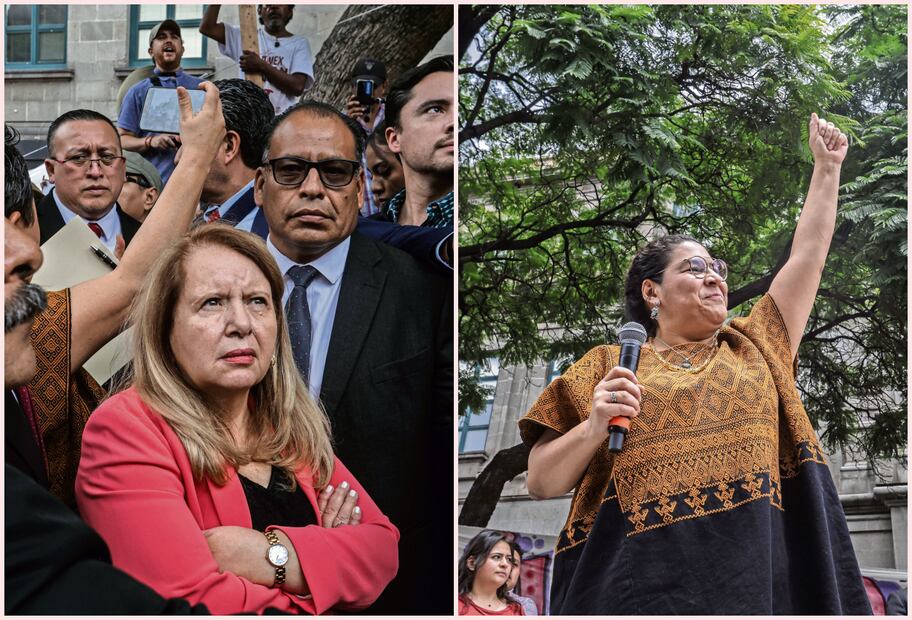 Las ministras Lenia Batres y Loretta Ortiz se sumaron al mitin a favor de la reforma judicial frente a la sede de la SCJN. Ortiz saludó el apoyo a la iniciativa y, tras decirse orgullosa de ser fundadora de Morena, agradeció al presidente López Obrador por proponerla como ministra. Además, se destapó como candidata para la elección de junio y agradeció el voto popular. Fotos: Gabriel Pano | El Universal