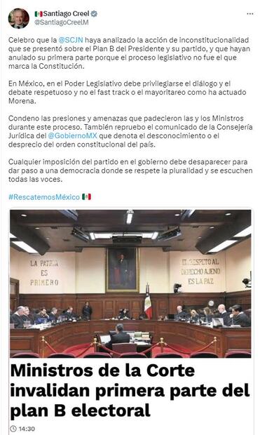 Celebra Santiago Creel resolución de Corte sobre Plan B / Captura de pantalla