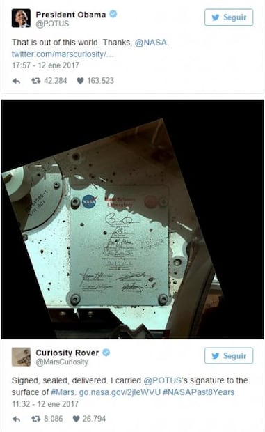 Obama se 'despide' de la NASA con un gracias por su firma en Marte