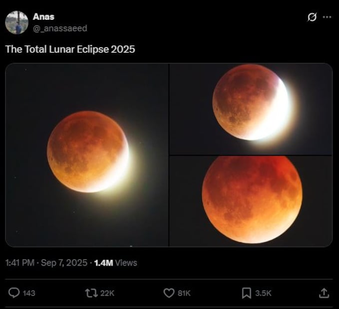 Evento astronómico 7 de septiembre de 2025.
Foto: Captura de pantalla en X