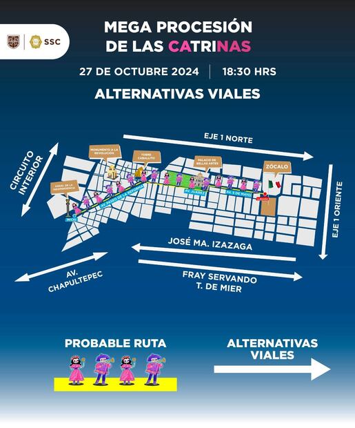 Alternativas viales por la Mega Procesión de Catrinas el domingo 27 de octubre de 2024 / Foto: Ovial