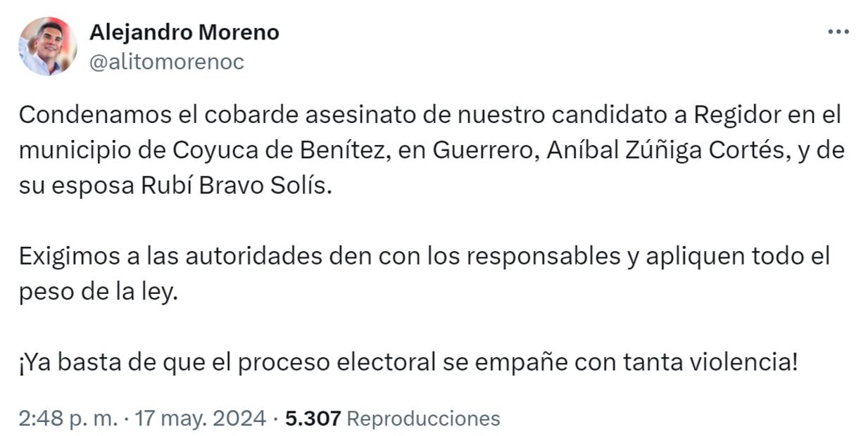 Alito Moreno condena el asesinato de Aníbal Zúñiga Cortes y su esposa Rubí Bravo Solís. Foto: Captura de pantalla