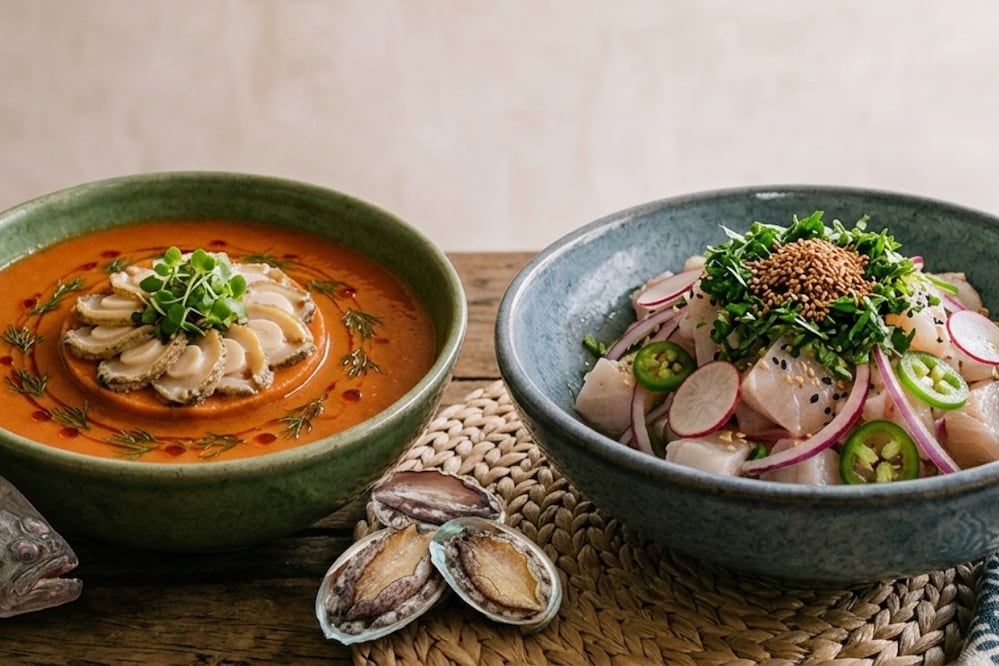 La receta de ceviche de fletán y el gazpacho de abulón fusionan la frescura mexicana con los toques umami de la cocina coreana. Foto: Generada con IA