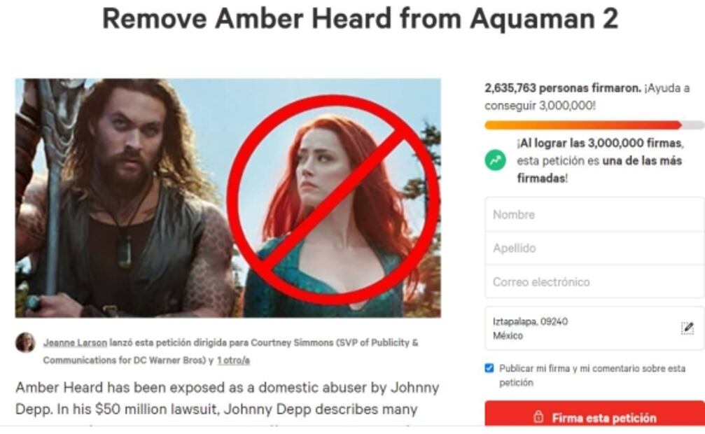 No quieren a Amber Heard en "Aquaman 2", petición para que quede fuera suma más de 2 millones de firmas