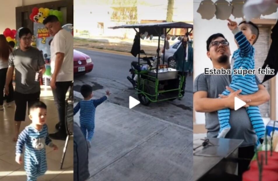 Así reaccionó pequeño al ver al señor de los elotes, invitado especial en su fiesta de cumpleaños