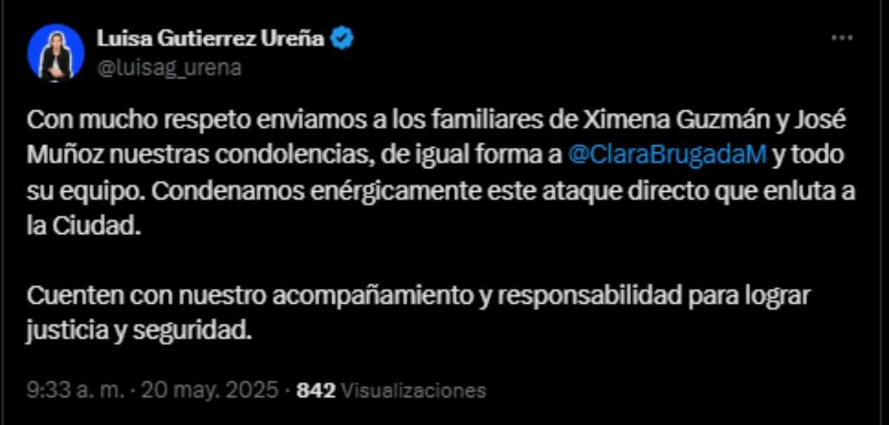 Luisa Gutiérrez Ureña, presidenta del PAN CDMX, lamentó el asesinato de Ximena Guzmán y José Muñoz. Foto: Captura de pantalla de la cuenta de X de @luisag_urena