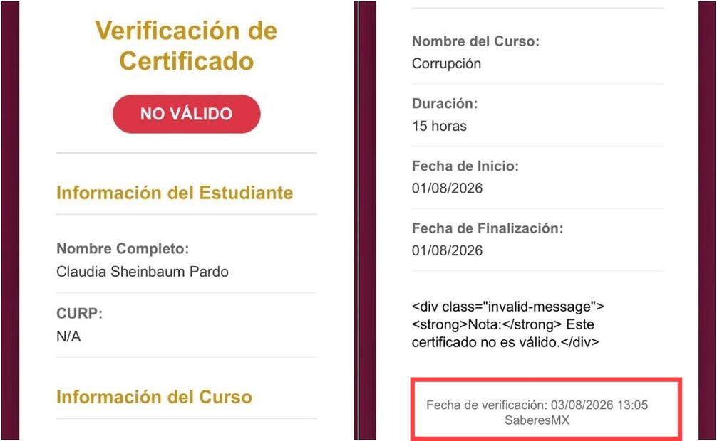 Certificado invalidado de Claudio Ochoa. Foto: captura de pantalla