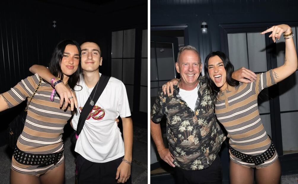 Dua Lipa posa con su hermano Gjin Lipa y Fatboy Slim. Viste conjunto de Prada. Foto: Especial. Instagram @dualipa