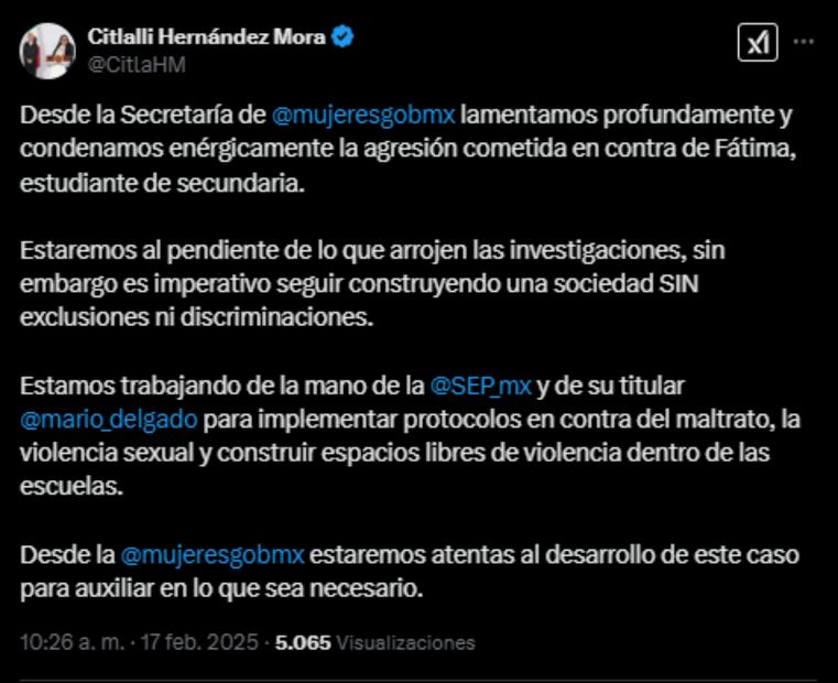 Publicación de Citlalli Hernández Mora, titular de la Secretaría de Mujeres. Foto: captura de pantalla