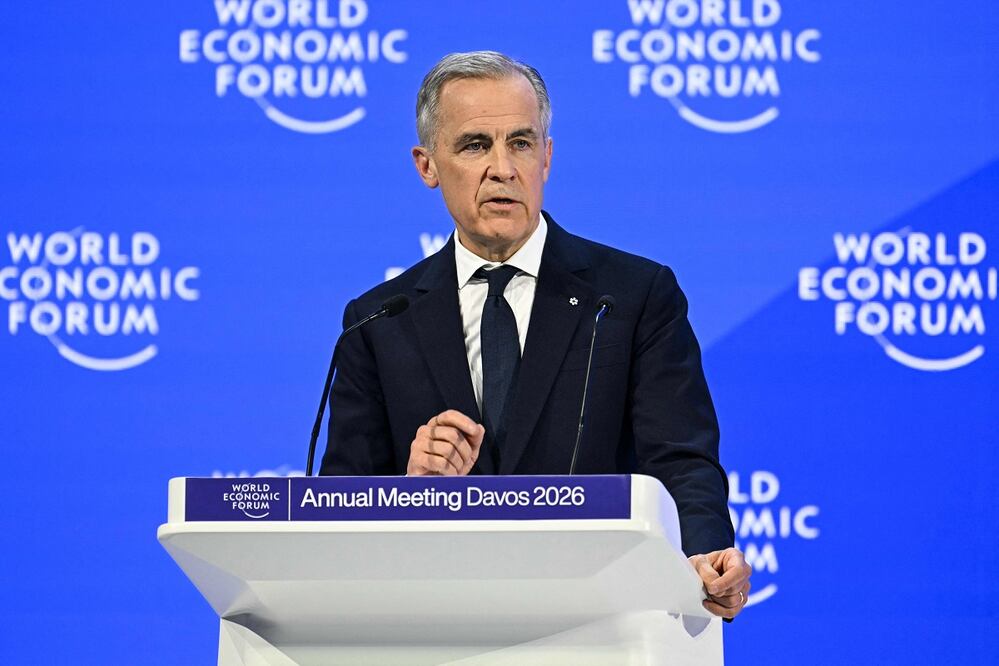 El primer ministro de Canadá, Mark Carney, durante su discurso en el Foro Económico Mundial de Davos, en Suiza. FOTO: FABRICE COFFRINI. AFP