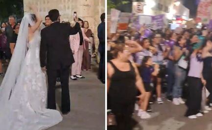 Al grito de "¡cuídala!", mujeres protagonizan boda durante marcha 8M en Mérida; así se vivió el momento