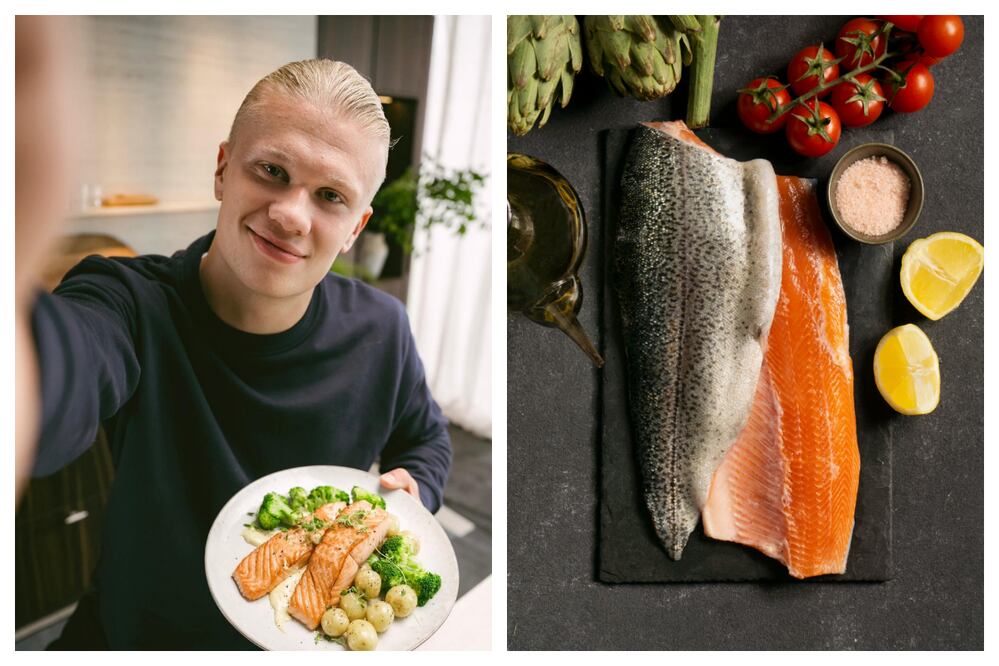 La selección noruega viajó el mes pasado a Estados Unidos con un cargamento de 580 kilos de alimentos noruegos entre los que, además del pescado y el marisco. Fotos: IG @erling y Freepik