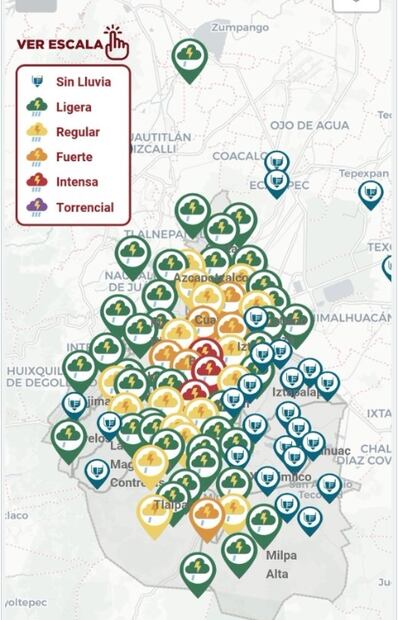 Mapa que muestra el color que se le asigna a cada alcaldía dependiendo del nivel de lluvia esperado. Fuente: Secretaria de Gestión del Agua