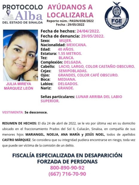 Emiten en Sinaloa 7 alertas de búsqueda: entre desaparecidos está una madre de familia y sus 4 hijos
