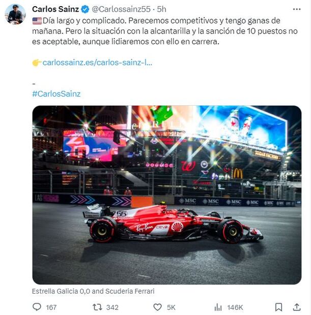 Tuit de Carlos Sainz - Foto: @Carlossainz55 en X, antes Twitter