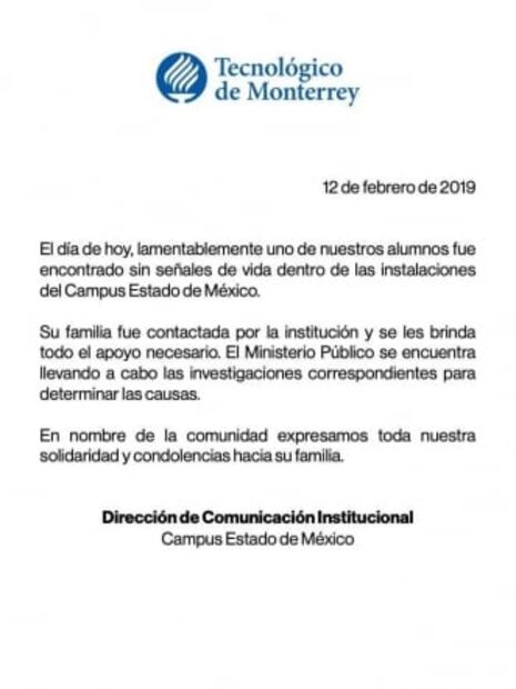 Investigan muerte de estudiante dentro de Tec de Monterrey campus Edomex