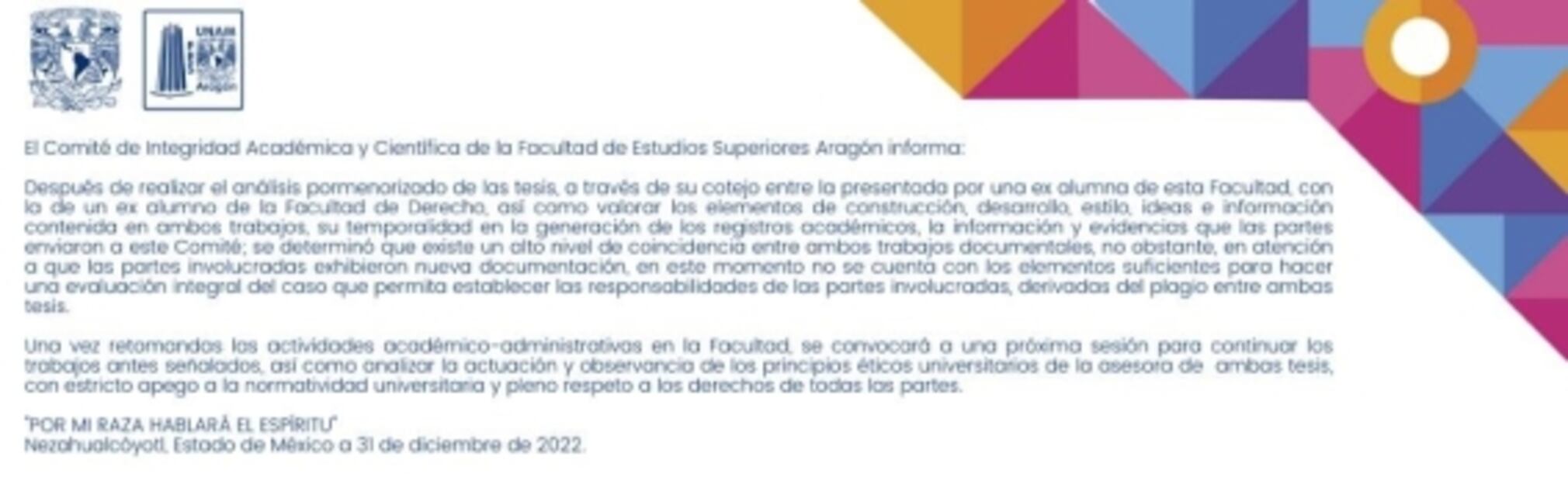 FES Aragón estima terminar análisis de tesis de Yasmín Esquivel después de elección en la Corte