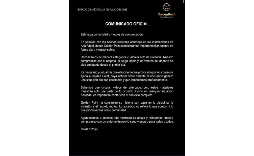 Posicionamiento del Club Golden Point ante el incidente. Foto: Especial