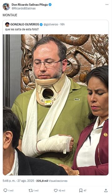 Salinas Pliego reacciona a colaborador de Noroña lesionado durante el enfrentamiento con Alito Moreno en el Senado. Foto: X