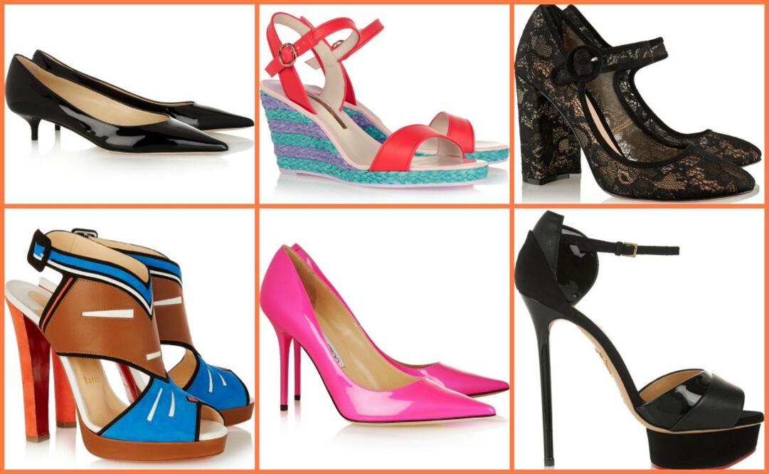 De izquierda a derecha: Kitten heel en piel negra de Jimmy Choo, Sandalias de cuña de Sophia Webster, Mary jane con encaje de Chantilly de Gianvito Rossi, Pumps en charol de Jimmy Choo, Sandalias de plataforma en piel de Christian Louboutin, y Stilettos d