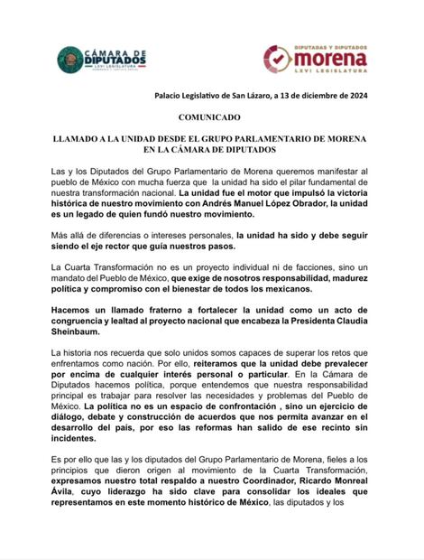 Diputados de Morena emiten comunicado en apoyo a Monreal. Foto: Especial
