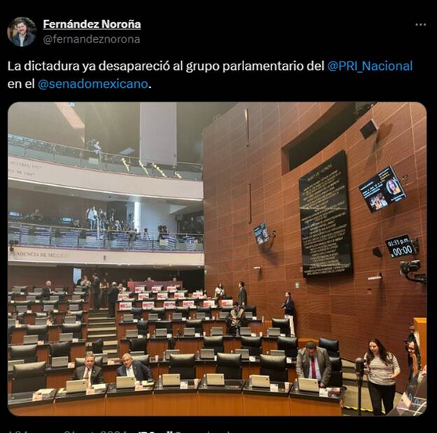 "La dictadura ya desapareció al grupo parlamentario del PRI", ironiza el presidente del Senado en su cuenta de X. Foto: Captura del post de la cuenta de X de @fernandeznorona