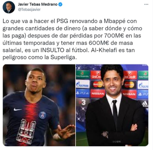 “Al-Khelafi es tan peligroso como la Superliga”, dijo Javier Tebas, presidente de la Liga