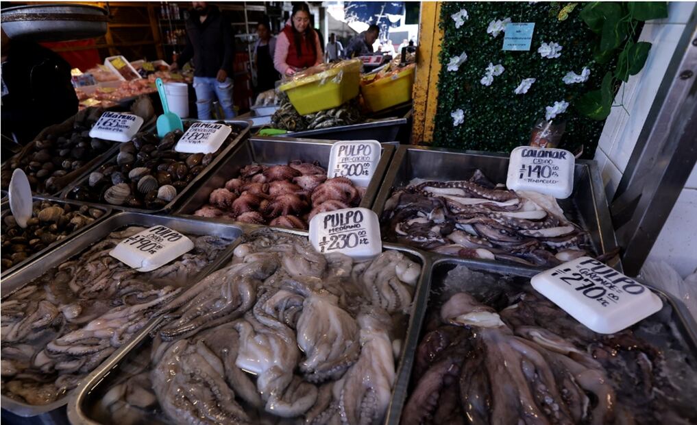 Comerciantes de La Nueva Viga están listos para la venta de pescados y mariscos a propósito de la época de Cuaresma, el 7 de marzo de 2025. Foto: Fernanda Rojas/EL UNIVERSAL