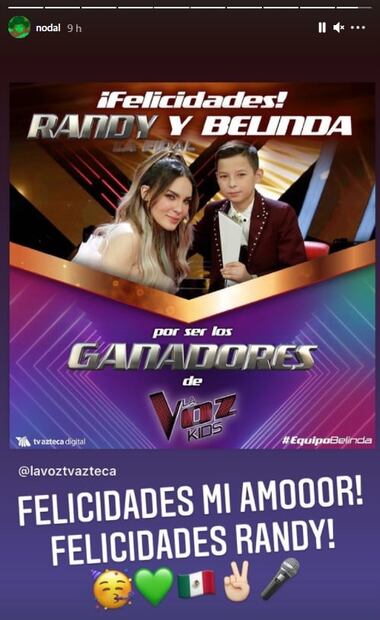 Belinda y Randy triunfan en "La Voz Kids"; enternecen con "foto familiar" junto a Nodal