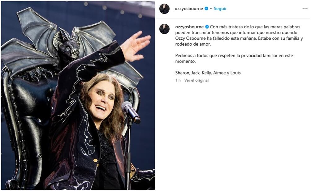 Familia de Ozzy Osbourne dan a conocer con este mensaje la muerte del cantante de 76 años.