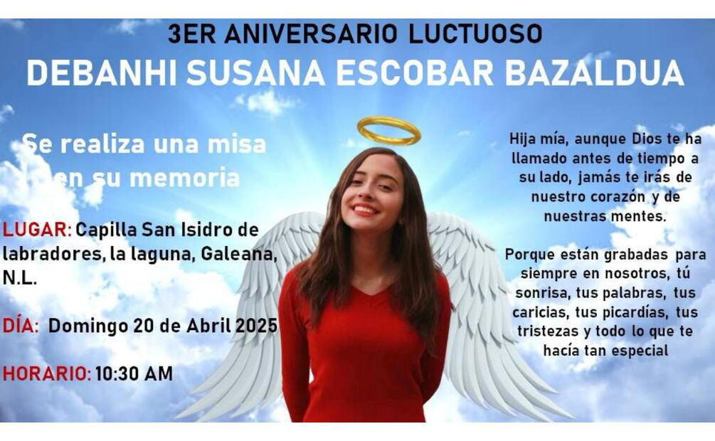 Anuncian misa en memoria de Debanhi Escobar en Nuevo León (18/04/2025). Foto: Especial