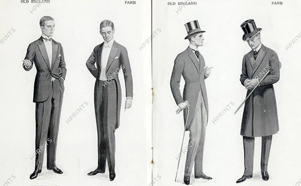 Dos comparaciones entre moda británica (izq. de cada página) y francesa (der. de cada página), donde se ve, respectivamente, el antiguo traje "para fumar" inglés, hoy considerado de gala; un frac francés, con su "cola de pingüino", un conjunto formal con chaqué o jaquette; y otro formal, pero con levita. Wikimedia Commons.