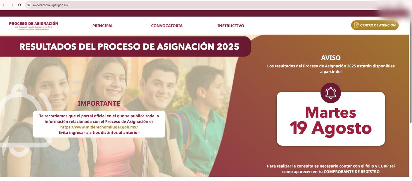 Captura de pantalla del portal oficial para consultar los resultados del Examen ECOEMS 2025. Foto: Sitio web miderechomilugar.gob.mx