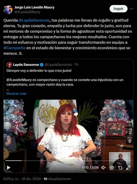 Jorge Luis Lavalle Maury, titular de la Secretaría de Desarrollo Económico, agradeció el respaldo de la gobernadora Layda Sansores, en su cuenta de X este 18 de diciembre del 2024. Foto: Captura de pantalla de la cuenta de X de @JLavalleMaury