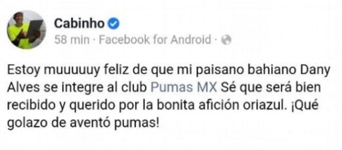 Cabinho aplaudió la contratación de Dani Alves a Pumas