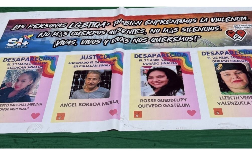 Durante la protestan de colectivos LGBTQ+ en Sinaloa, colocaron fotos de sus integrantes desaparecidos (18/07/2025). Foto: Cortesía