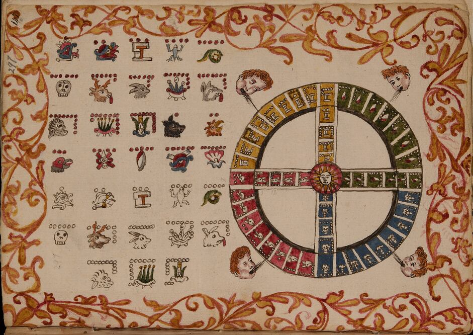 “El calendario de los indios” que sólo era conocido por la versión a blanco y negro y que en la nueva edición del Códice Ramírez aparece a color. Foto Cortesía Fondo de Cultura Económica /INAH