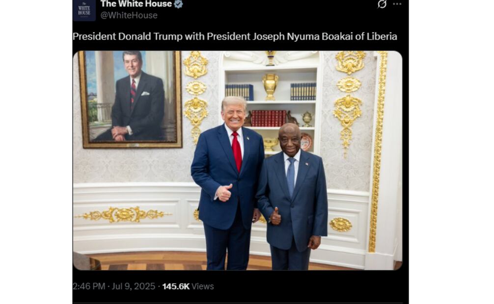 El presidente Donald Trump junto al su homólogo Joseph Nyuma Boakai de Liberia en la Casa. (10/07/25) Foto: X