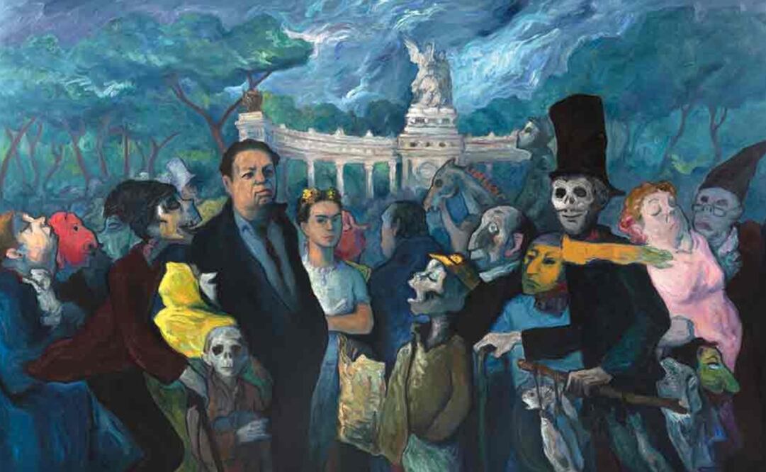 "Frida y Diego Rivera en la Alameda", fue vendida por arriba de los 50 mil dólares en una subasta a inicios de 2020. Imagen: Morton subastas