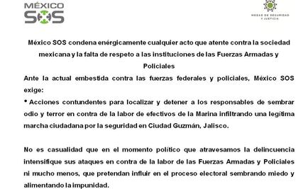 México SOS condena ataque a marinos en Jalisco