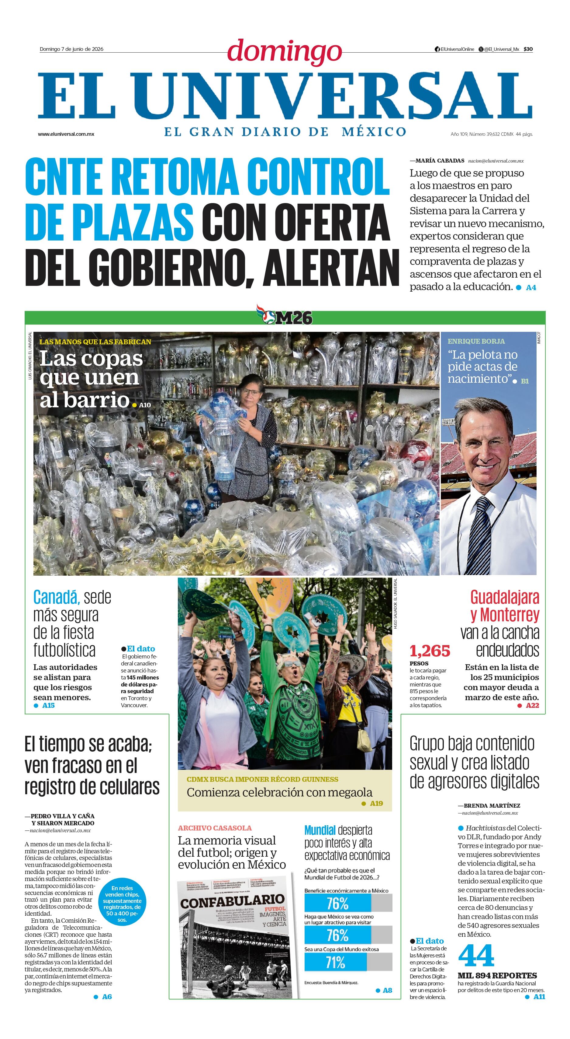 Portada impresa del 7 de junio de 2026