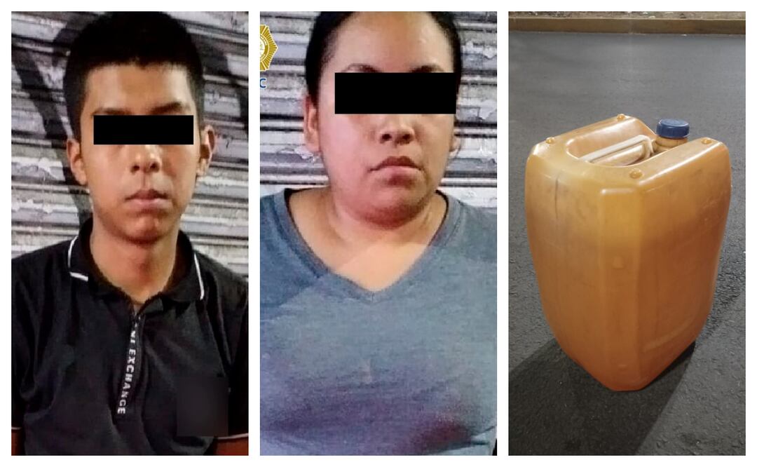 Capturan a huachicoleros en Iztapalapa; mujer y joven vendían gasolina de forma ilegal. Foto: Especial