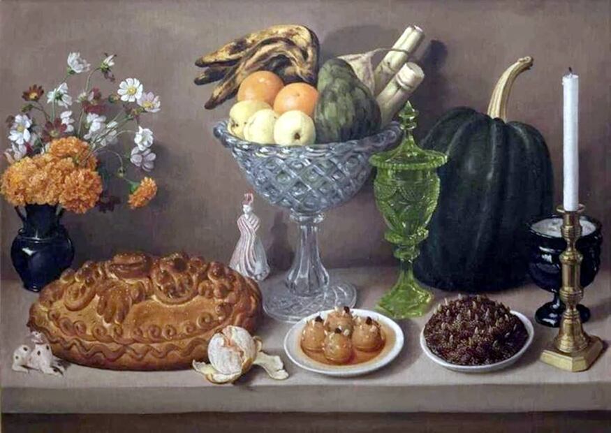 El "Cuadro de comedor" es un bodegón del pintor José Agustín Arrieta, donde además del detalle de los reflejos de la luz, destaca a la izquierda una variedad de pan de muerto, con un complejo trabajo artesanal para su decoración. Imagen: MutualArt.