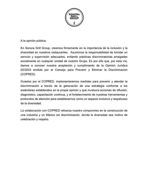 Comunicado Sonora Grill. Foto: Especial