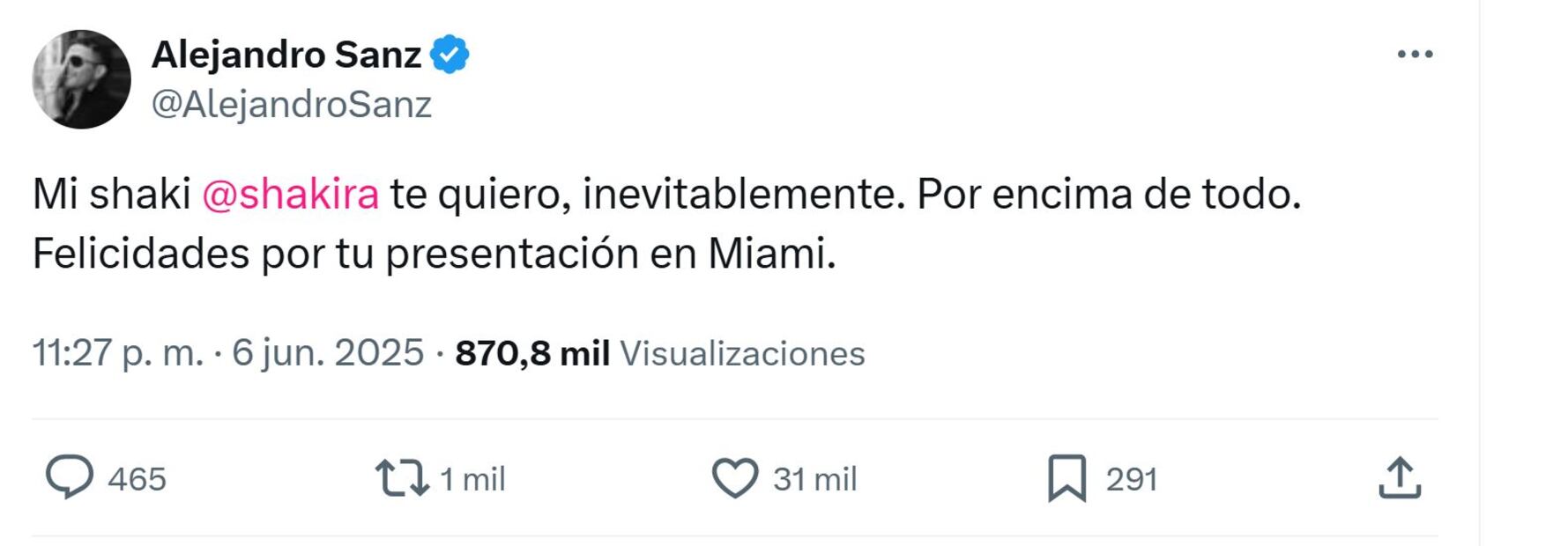 Alejandro Sanz responde con este mensaje al momento que compartió  con Shakira durante su concierto en Miami.