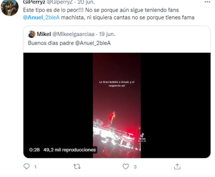 Anuel AA enfurece con fan de peluca azul durante concierto en Madrid